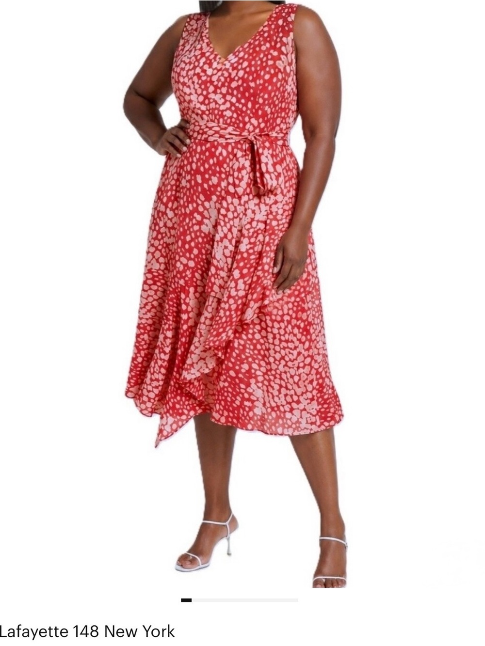 100% Silk Lafayette 148 NY Coral Speckled Printed V-Neck Wrap Midi Dress, Lined